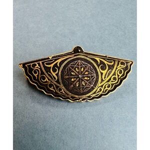 Vintage Damascene Brooch Fan Shape Black Gold Tone 2 1/4" Geometrical Design